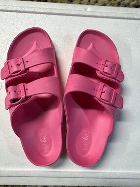 just be Hot Pink Double-Buckle Slide Sandals